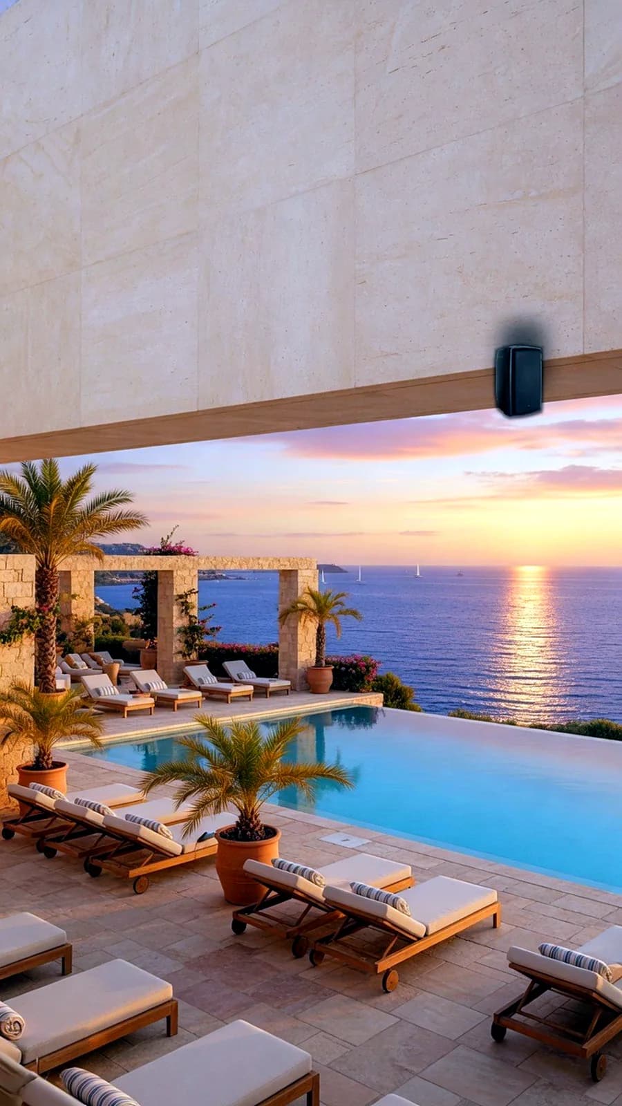 Visualisation: an SSOUNDS P10T on a resort pool terrace