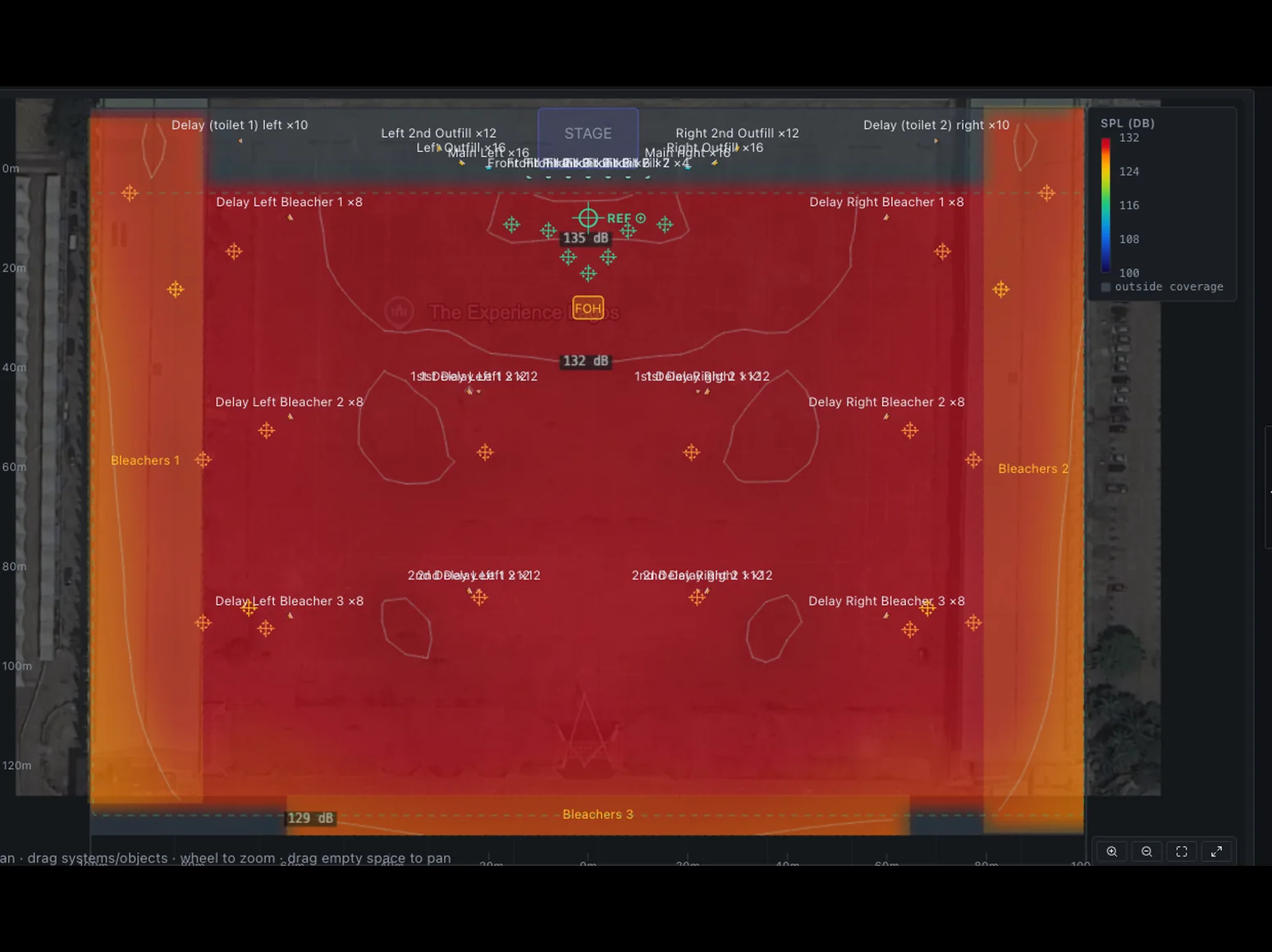 Vista en planta de DSP Network Manager: mapa de SPL de un diseño de estadio con XTO 14X